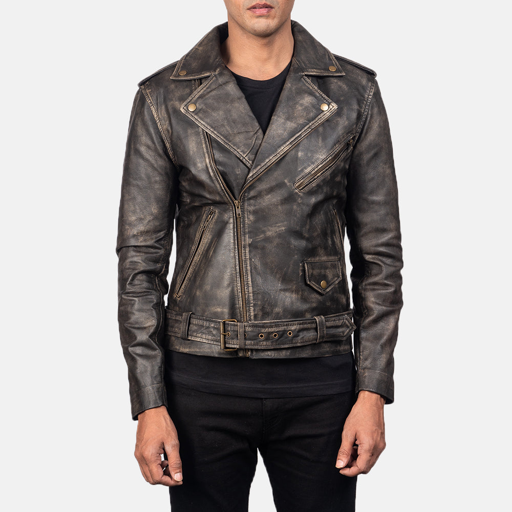 Men's Vintage Tan Brown Genuine Leather Biker Jacket – Distressed Motorcycle Style - View #5
