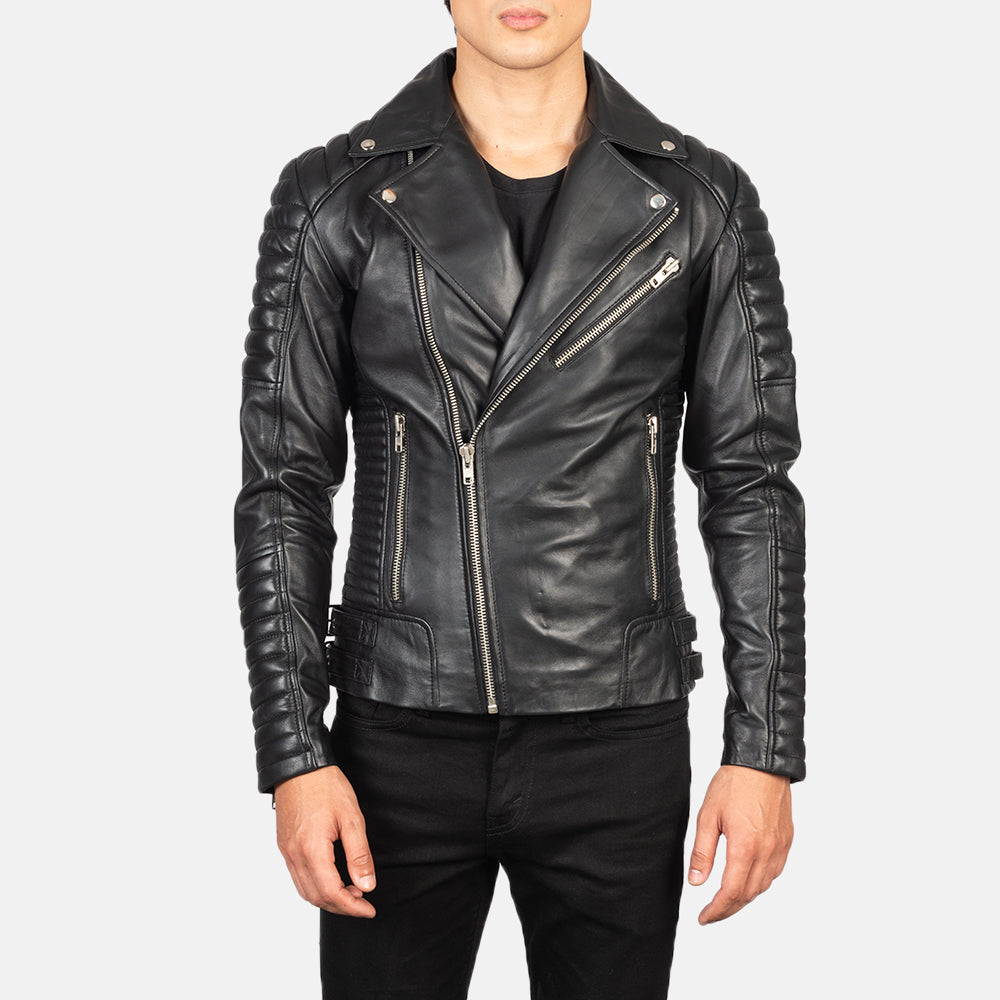 Black leather motorcycle jacket store