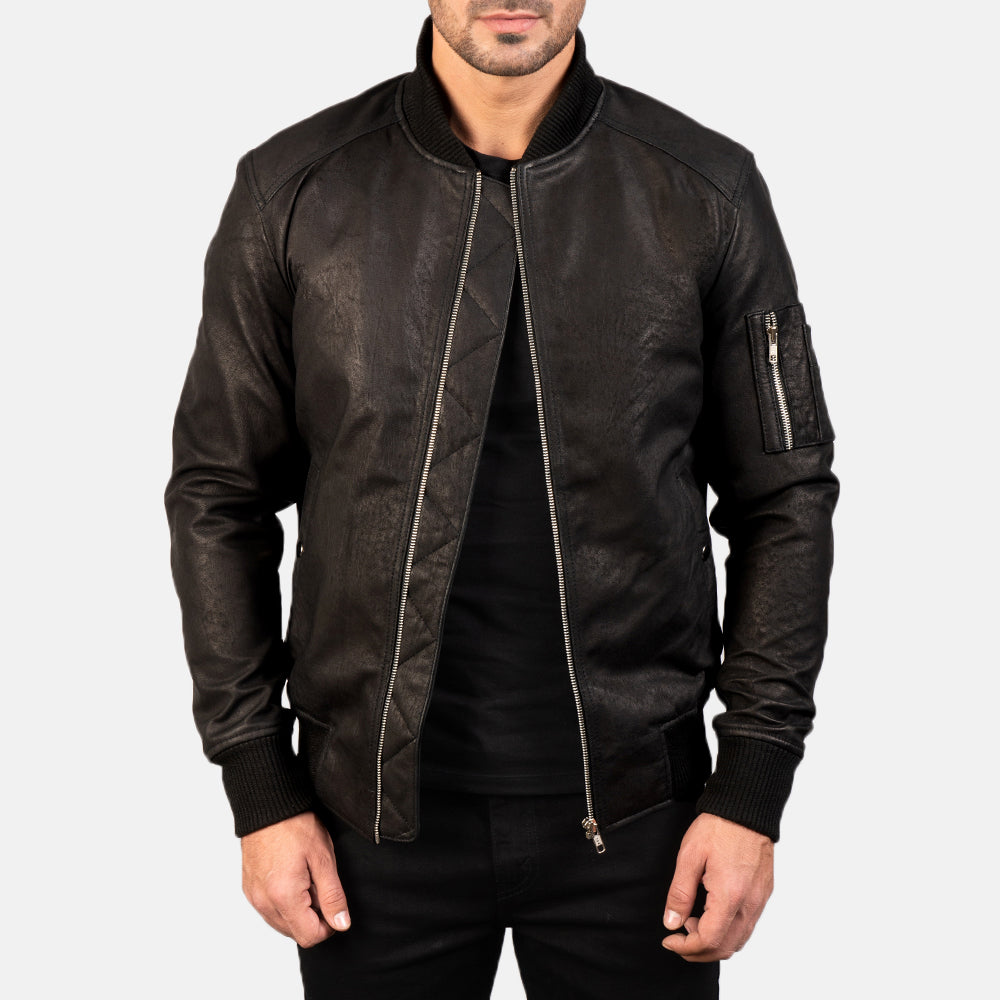 Bomia Ma 1 Distressed Black Leather Bomber Jacket