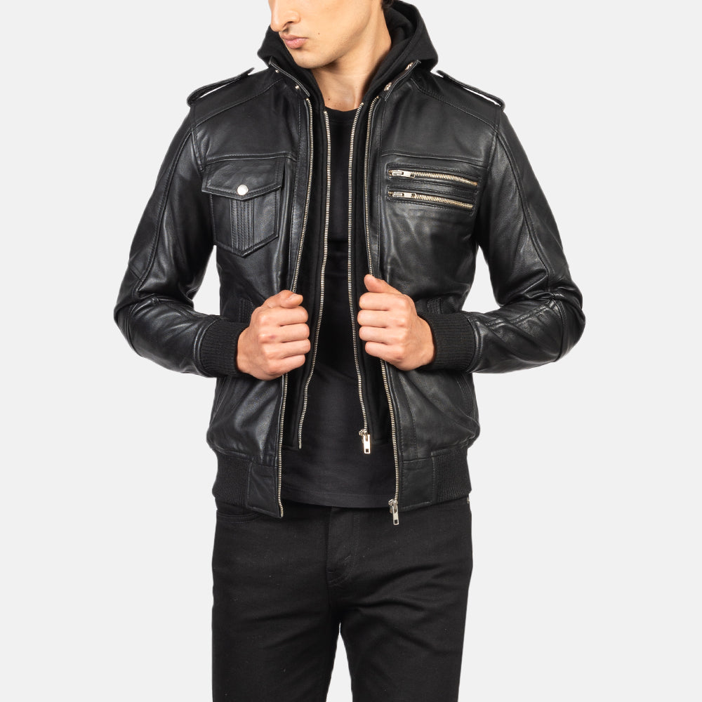 Leather bomber jacket with fur hood 2025
