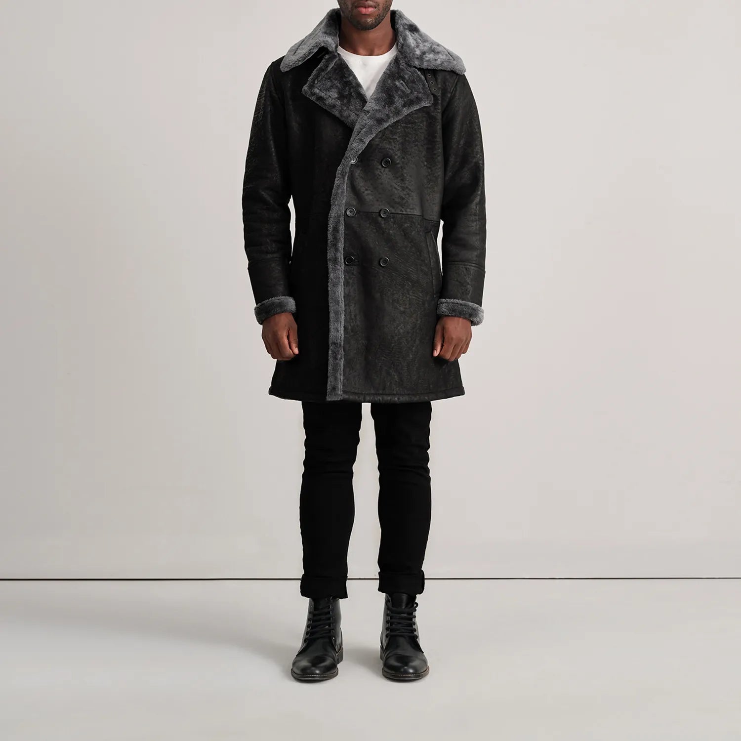 Charles Black Snuffed Leather Shearling Double-Breasted Coat - The