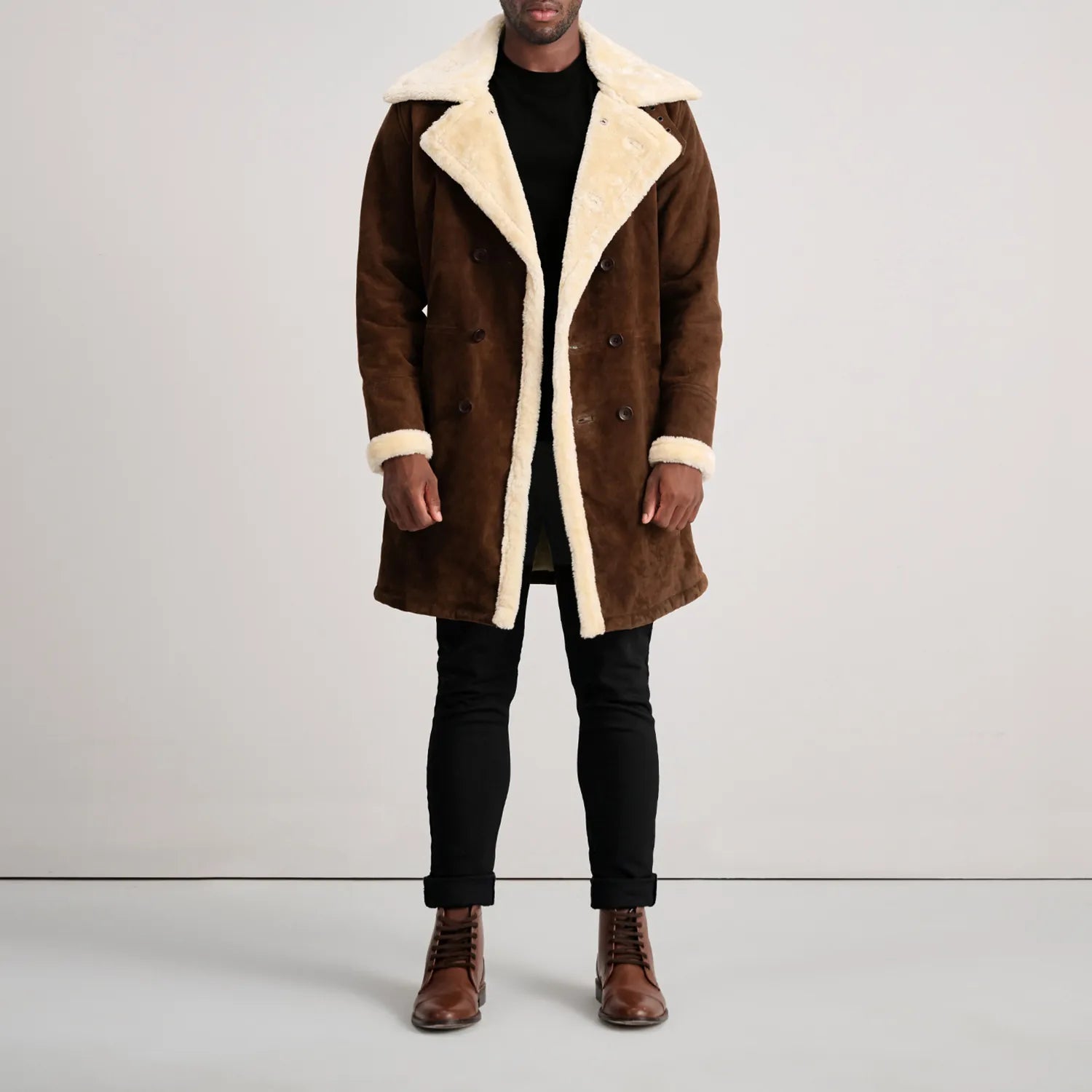 【K.cha】Shearling-Trimmed Suede Coat Charles Brown Suede Leather Shearling Double-Breasted Coat - The