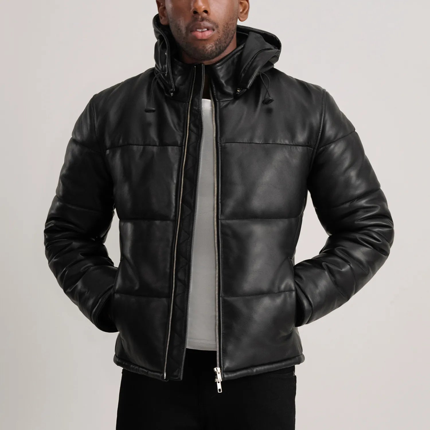 Gordon Black Hooded Leather Puffer Jacket - The Jacket Maker