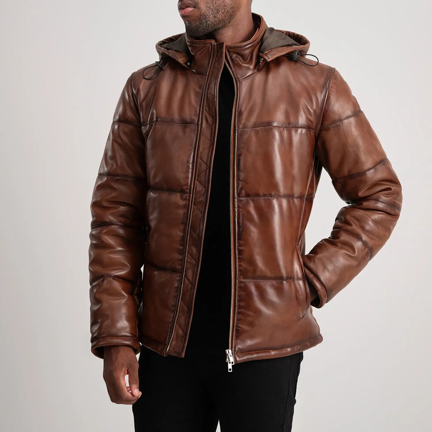 ジャケット・アウター garedia pig leather hoodie size M Gordon Waxed Brown Hooded Leather Puffer Jacket - The Jacket Maker