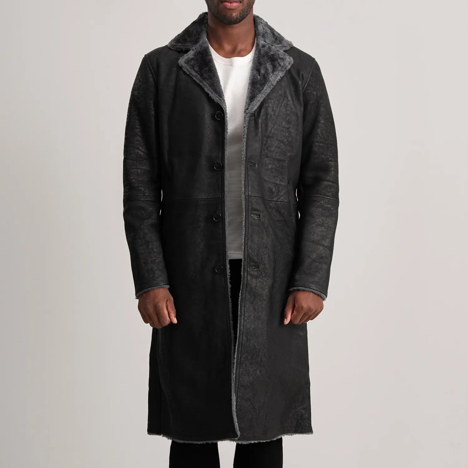 Kolby Distressed Black Shearling Long Coat - The Jacket Maker