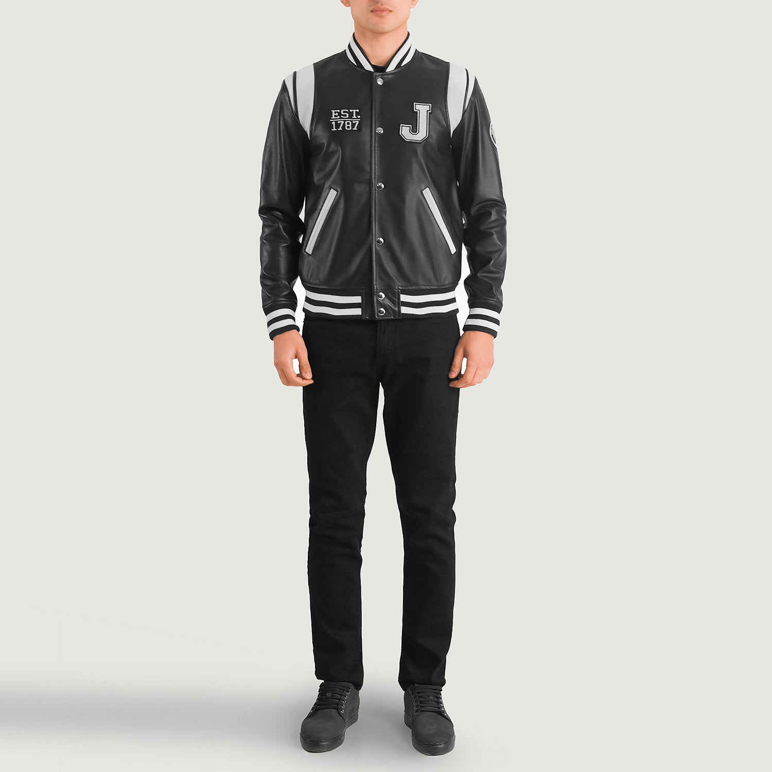 Liberte New Jersey Black Leather Varsity Jacket For Men Liberte New Jersey Black Leather Varsity Jacket For Men