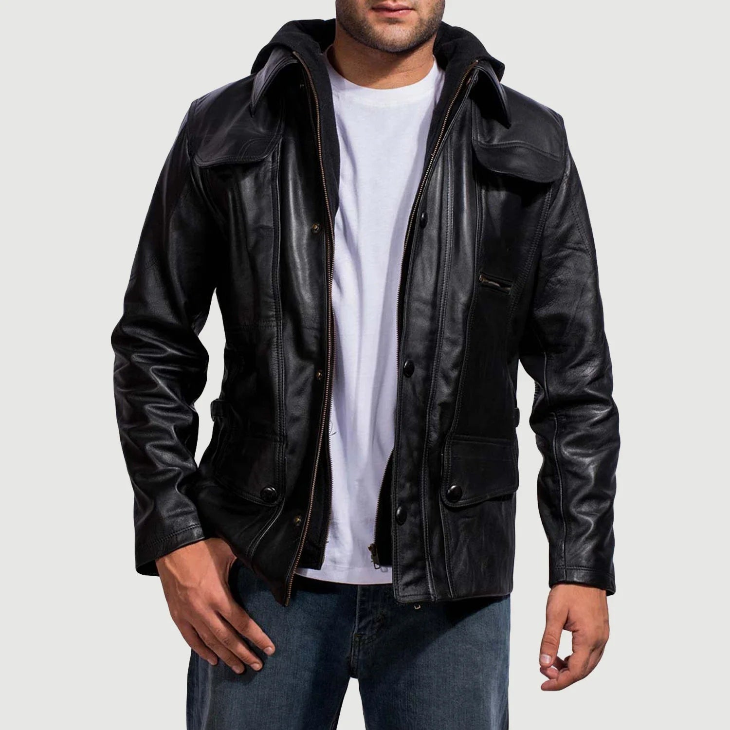 Mens hooded leather coat hotsell