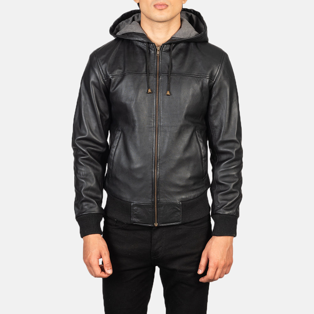 Men's Nintenzo Black Hooded Leather Bomber Jacket – The