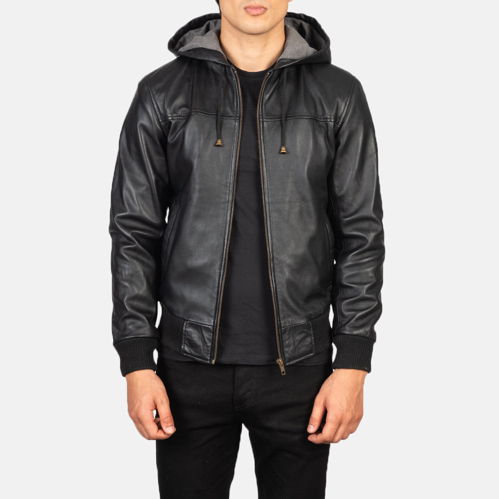 Leather jacket with hoodie inside shop