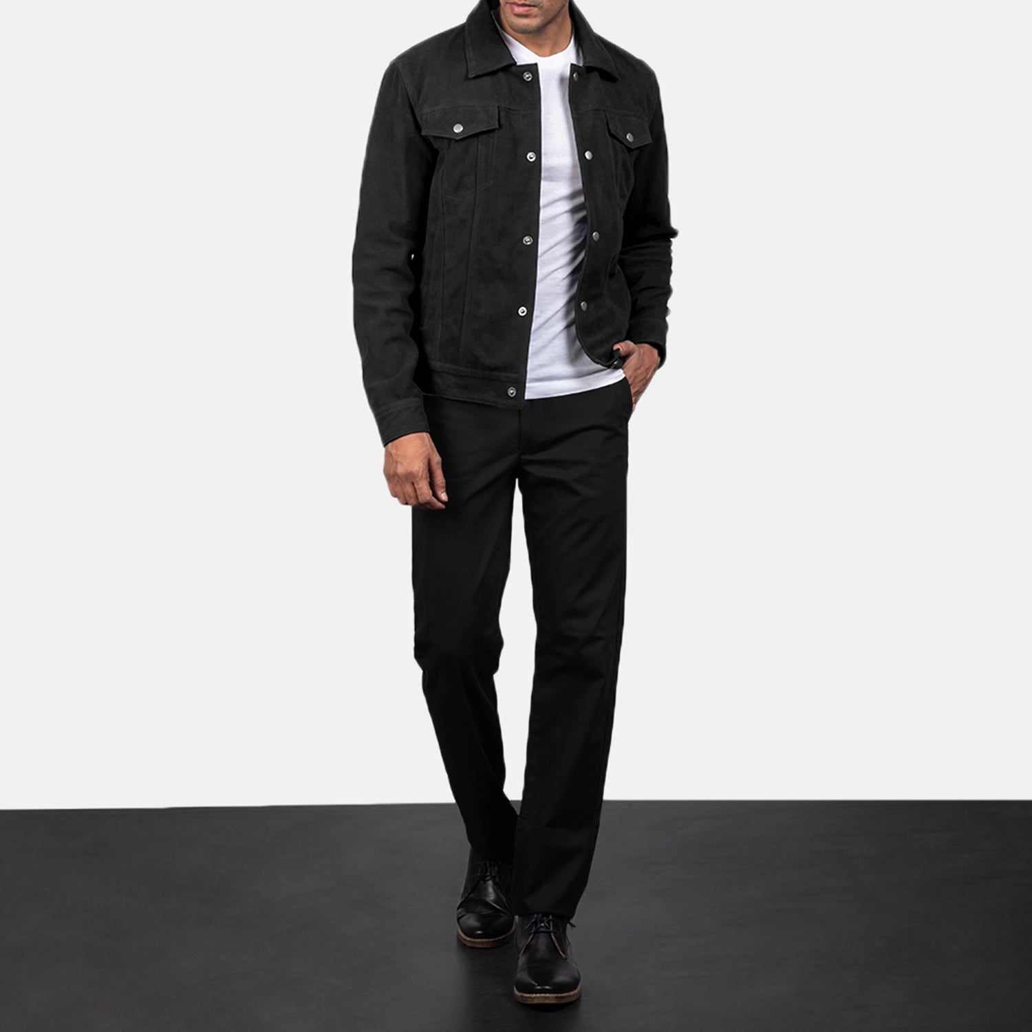 Black suede trucker jacket mens deals