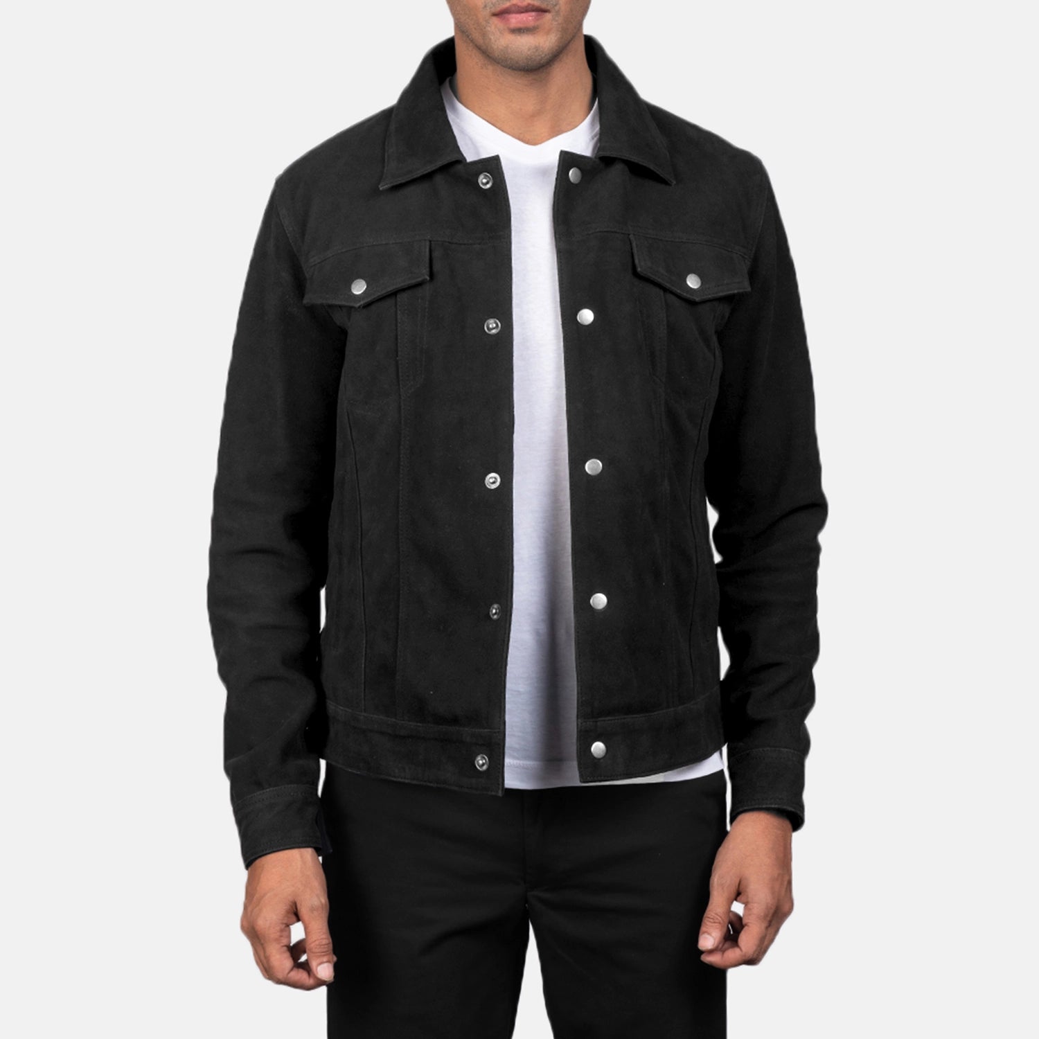 Black suede trucker jacket mens deals