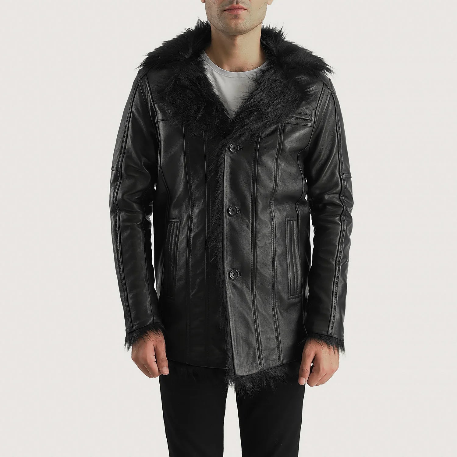 Black leather jacket with sheepskin collar online