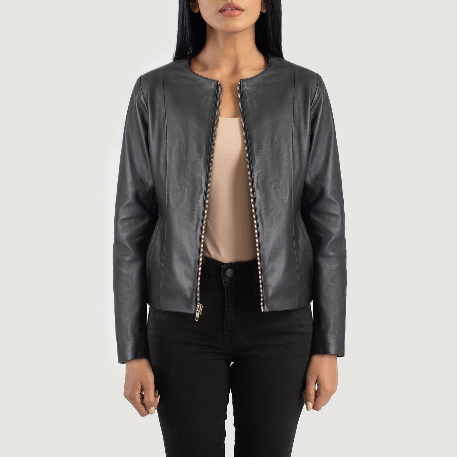 Black collarless leather jacket womens deals