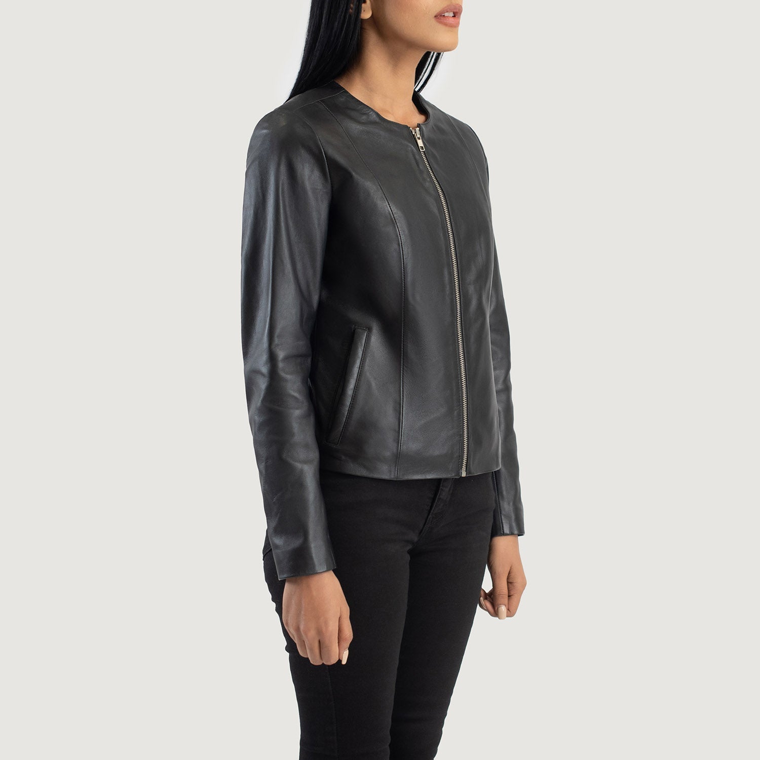 Black collarless jacket deals