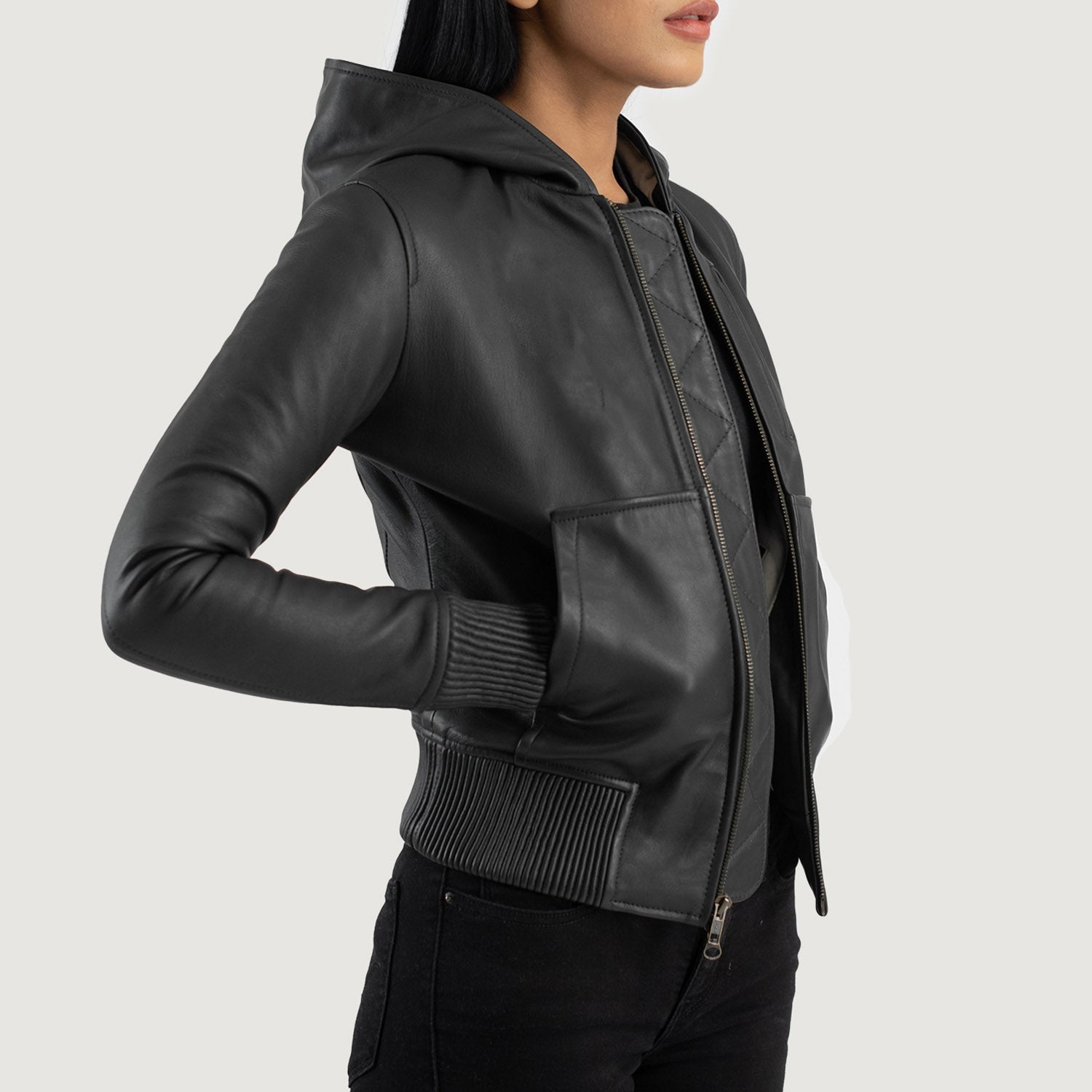 Womens leather bomber jacket with hood top