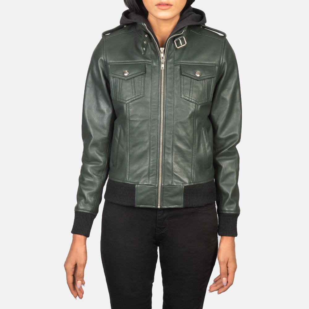 Women's Roslyn Green Hooded Leather Bomber Jacket – The Jacket Maker