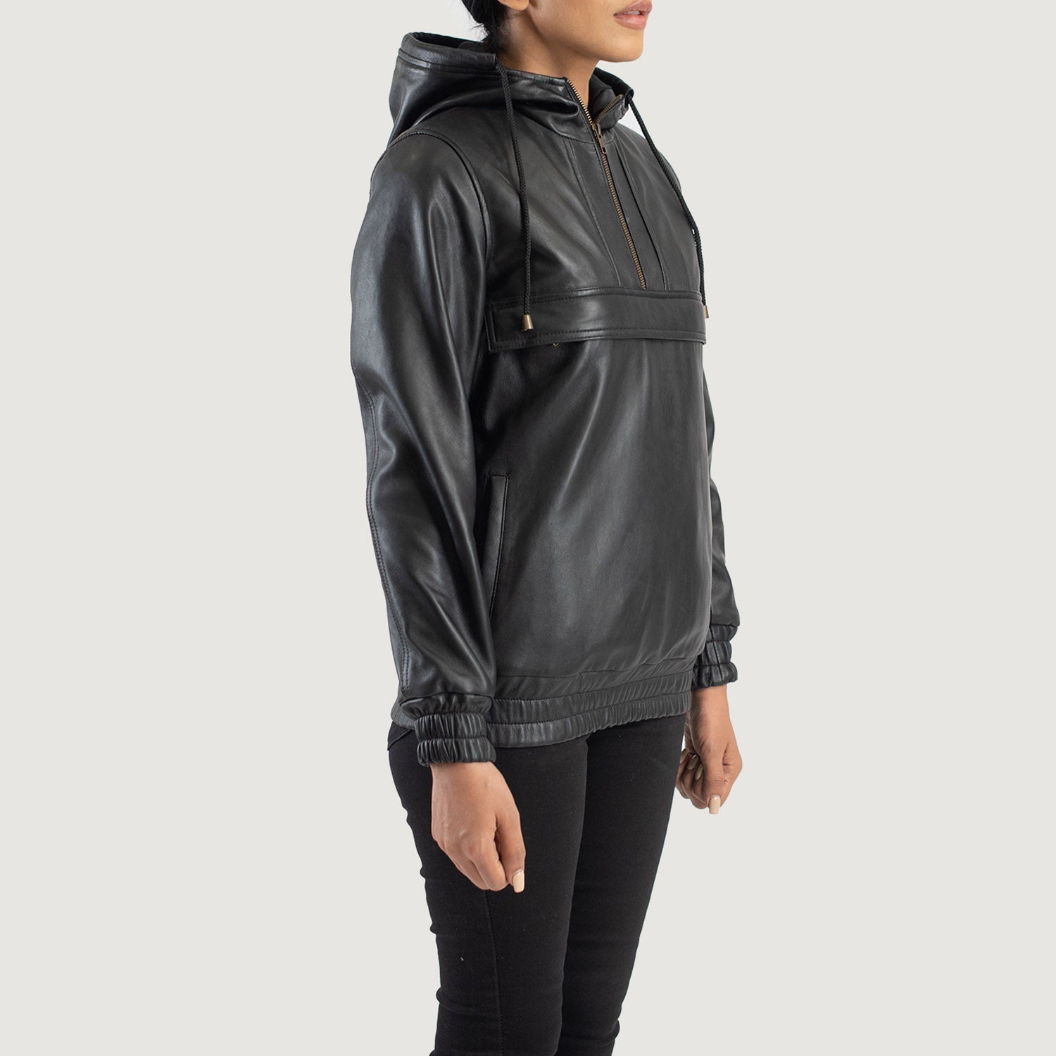 Women s Zest Black Hooded Leather Pullover Jacket The Jacket Maker