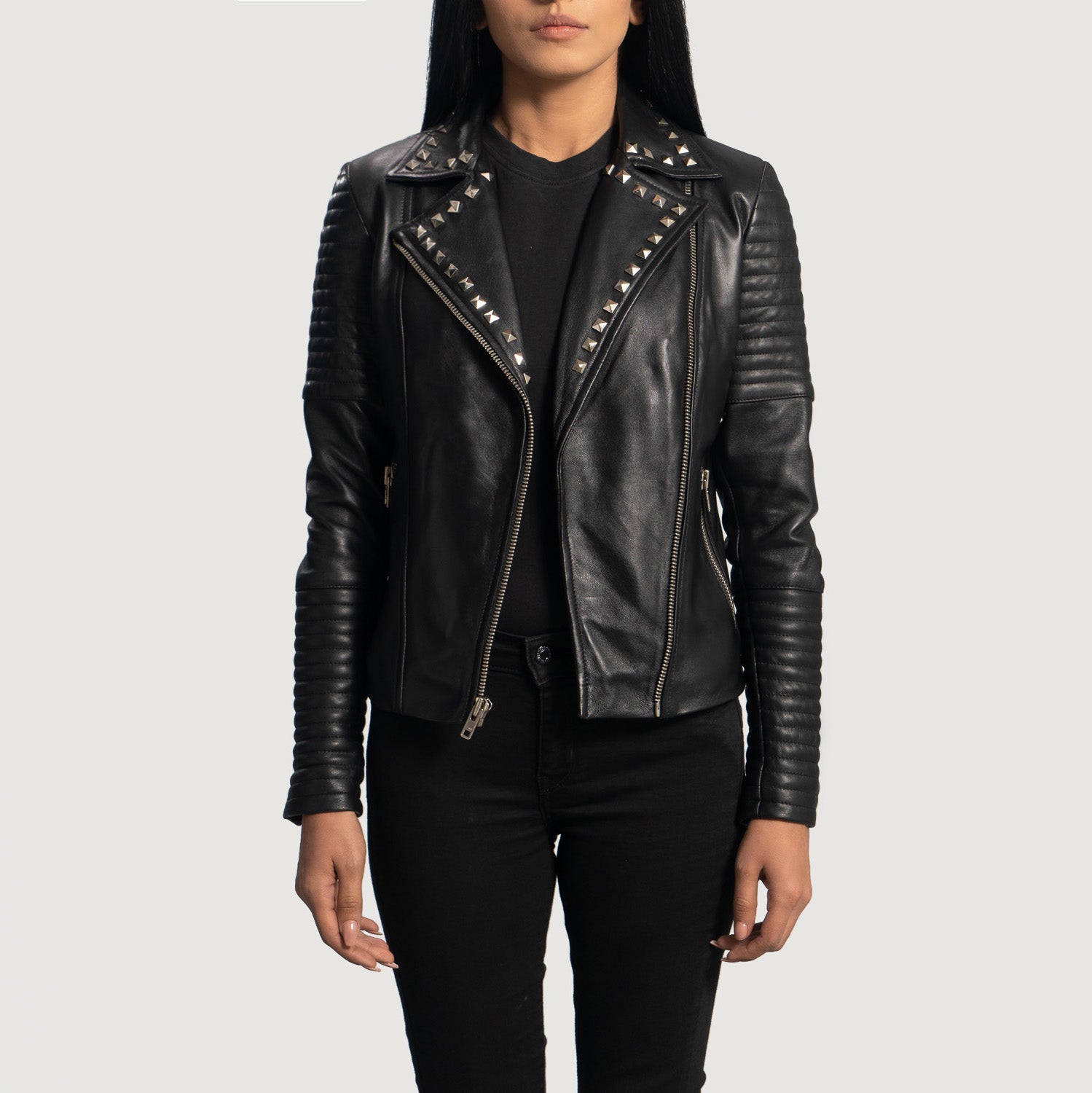 Women's Sally Mae Studded Black Leather Biker Jacket – The Jacket