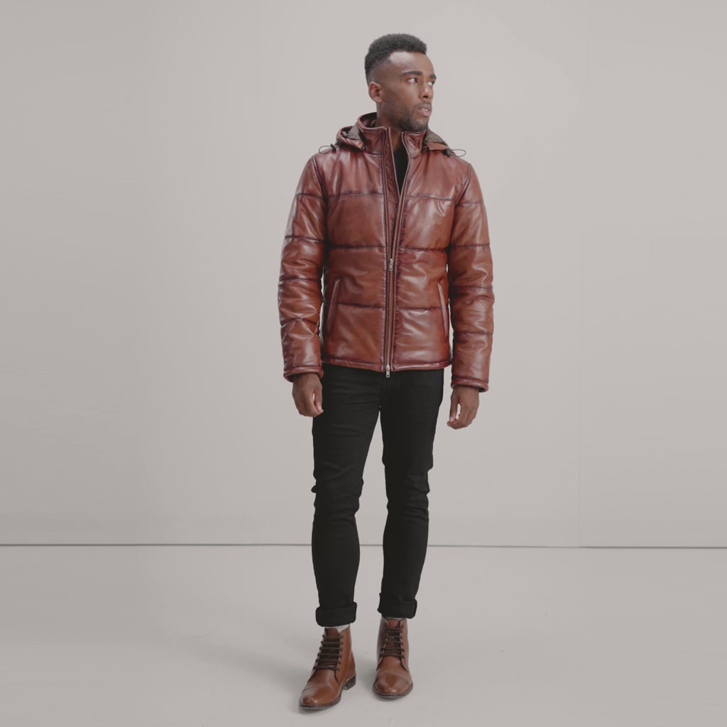 Gordon Waxed Brown Hooded Leather Puffer Jacket - The Jacket Maker