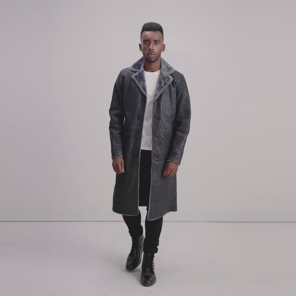 Kolby Distressed Black Shearling Long Coat - The Jacket Maker
