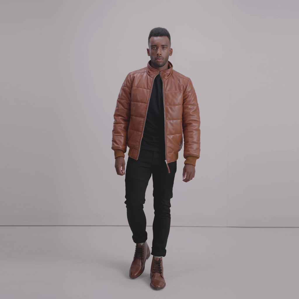 Lucas Brown Leather Puffer Bomber Jacket - The Jacket Maker