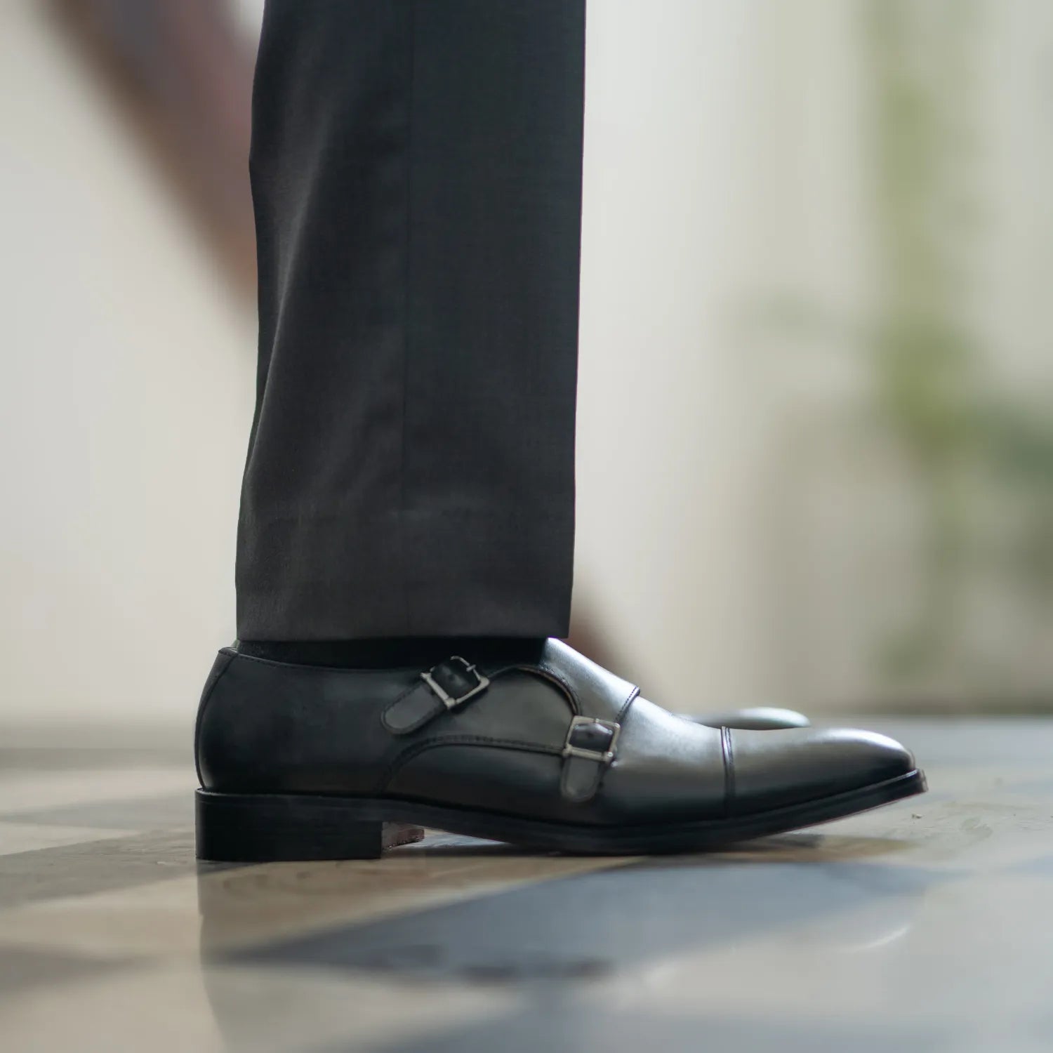 Black leather double monk strap shoes online