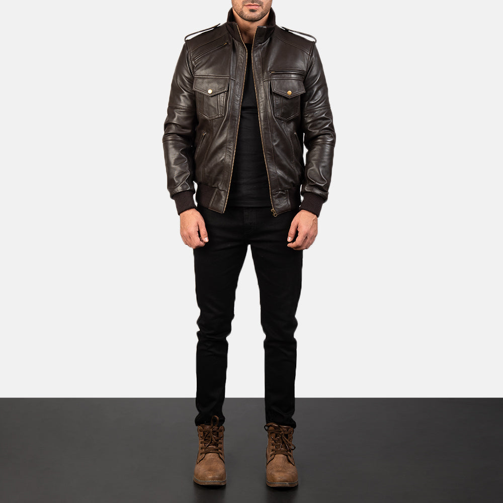 Men's Agent Shadow Brown Leather Bomber Jacket – The Jacket Maker