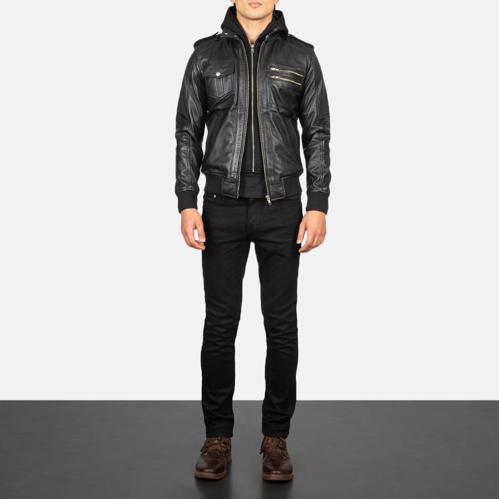 【BALR.】2way HOODED LEATHER BOMBER JACKET Women's Luna Black Hooded Leather Bomber Jacket – The Jacket Maker
