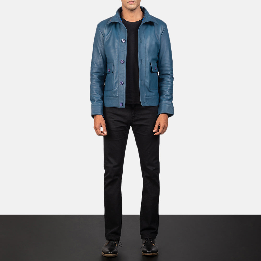 Blue leather bomber jacket outlet