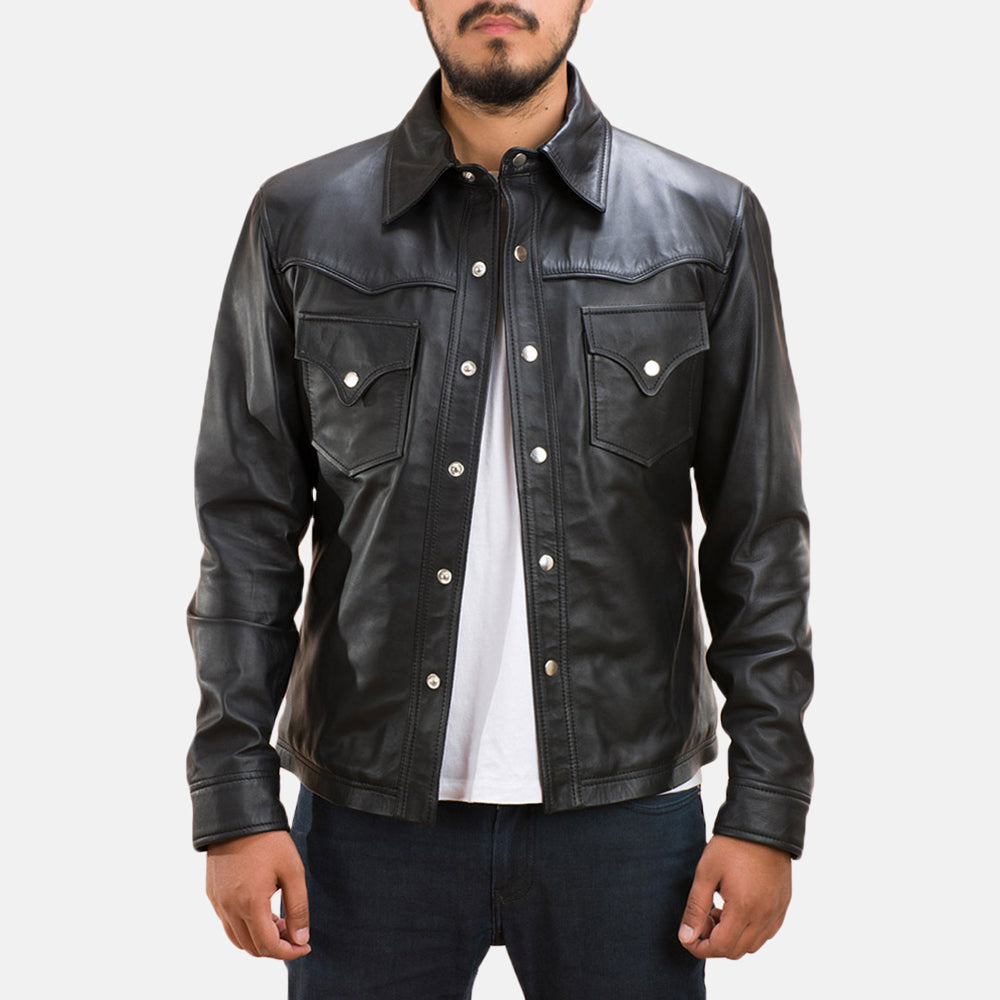 Black shirt leather jacket hotsell