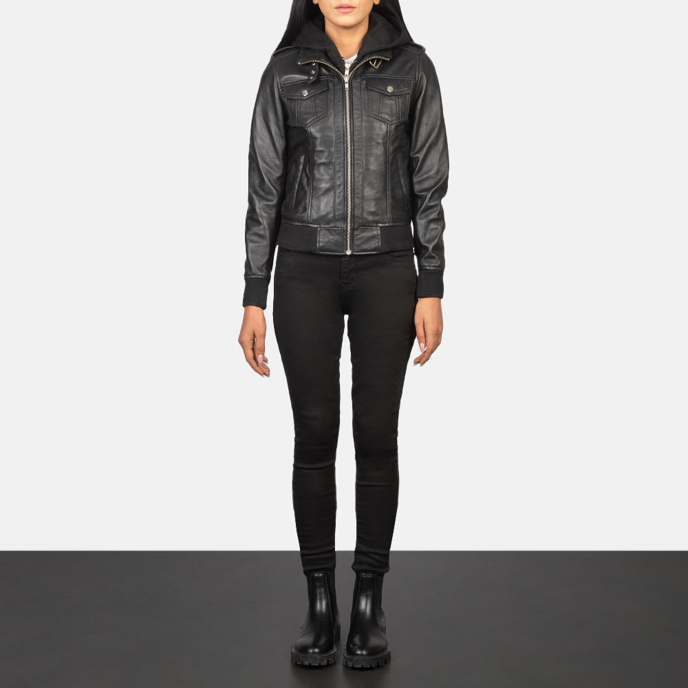 Women's Roslyn Black Hooded Leather Bomber Jacket – The Jacket Maker